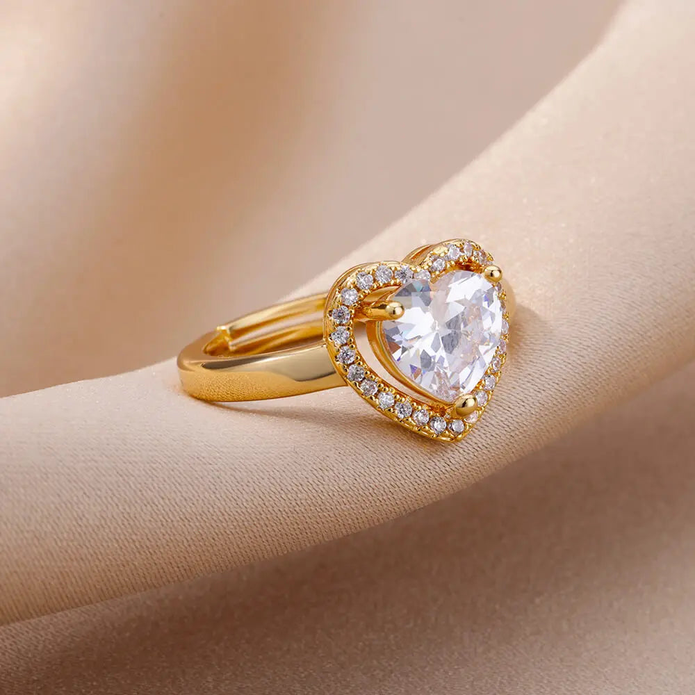 Stainless Steel Heart Rings For Women Zircon Gold Color Heart Adjustable Ring Femme Wedding Party Accessories Jewelry Gift 2024 Vera Lux