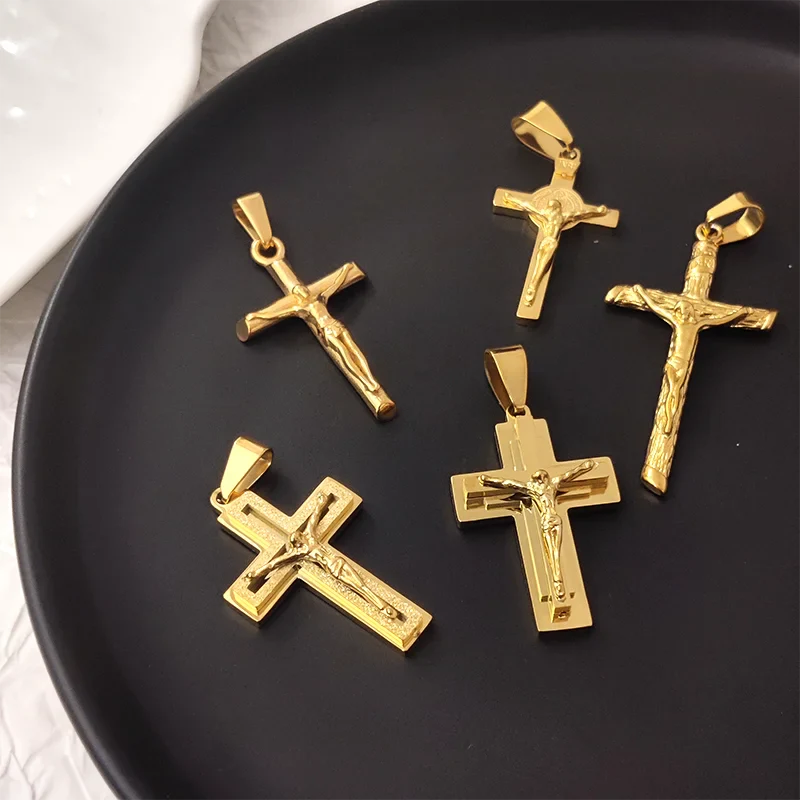 New Design 18K Gold Plated Waterproof Stainless Steel Jesus Cross Pendant For Men Religious Charms Vera Lux