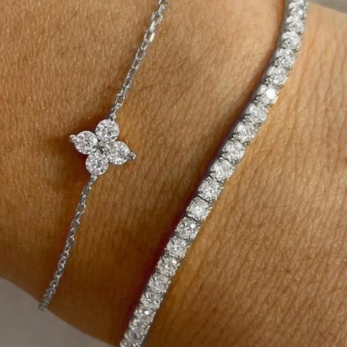 2pcs Simple Cubic Zirconia Flower Water Chain Women's Bracelet Set Daily Minimalist Silver Color Bracelet Party Fashion Jewelry Vera Lux