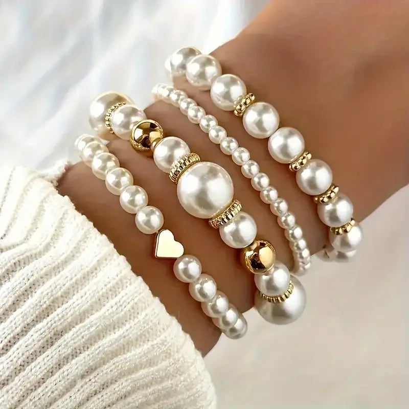 New 4 Pcs/Set imitation Pearl Beaded Bracelets Set for Women Fashion Gold Color Heart Big Pearl Bracelet Trendy Jewelry Gifts Vera Lux