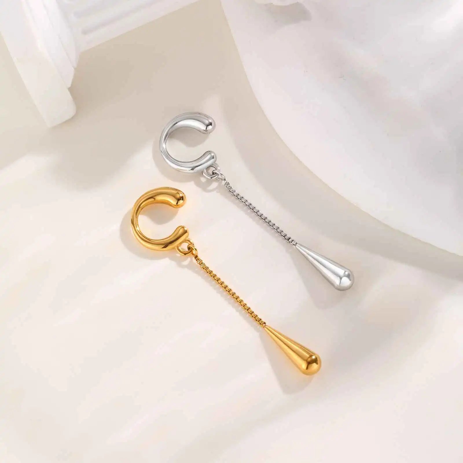 C-shaped Metal Teardrop Tassel Ear Cuff Clip Earrings for Women 1piece, No Piercings, Ear Cartilage Clips Vera Lux