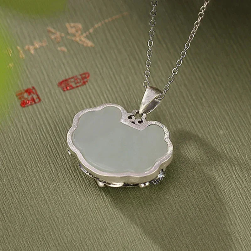 925 silver Natural Hotan Jade fish-shaped Lotus flower necklace Retro Chinese style Ruyi Pendant clavicle chain jewelry Femstylo