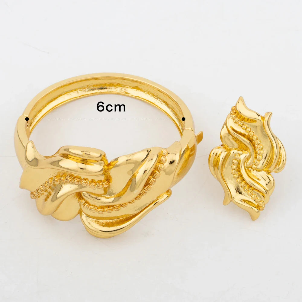 Large Hoop Bangle for Women Flower Italian Dubai Gold Color Bracelet Ring Jewelry Set Luxury Copper Fashion Birthday Party Gift Vera Lux