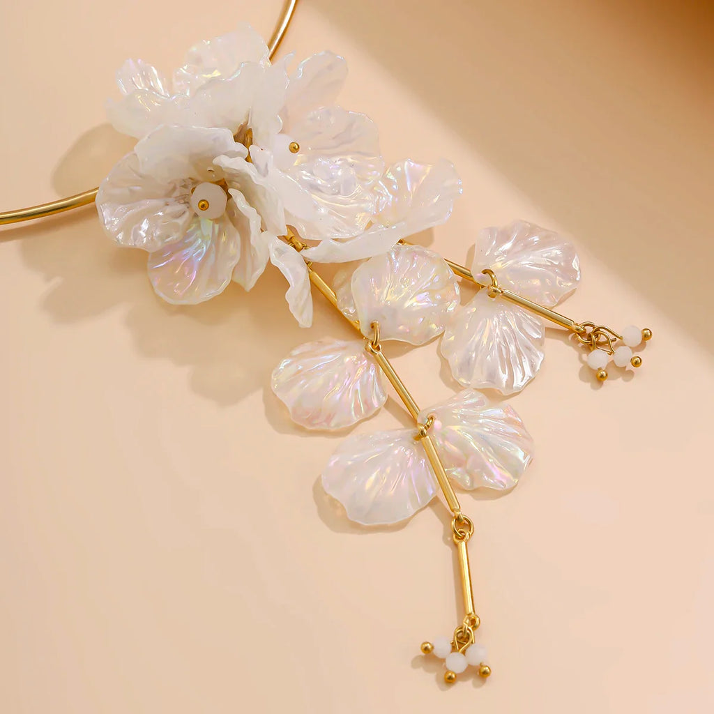 Ingemark Creative Punk Torques Chain Necklace Women Wed Bridal Elegant White Flower Hanging Drop Earrings Wed Bridal Jewelry Set Vera Lux
