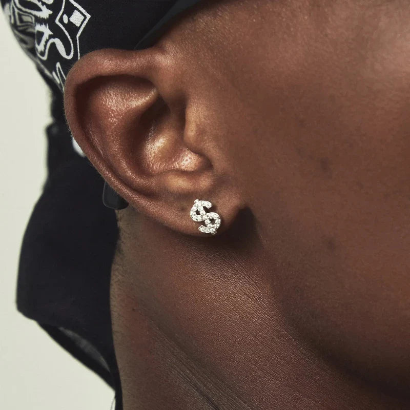 American Full Diamond Dollar Letter Stud Men's Senior Sense Super Flash Hip Hop Trend Niche Men's And Women's Fashion Earrings Vera Lux