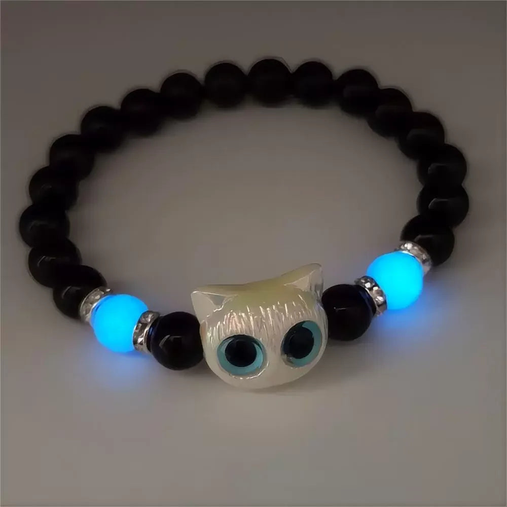 1 PC Matching Bracelets Couples Women Men Luminous Cute Cat Friendship Bracelete Black White Cat Head Bead Strand Bracelet Vera Lux