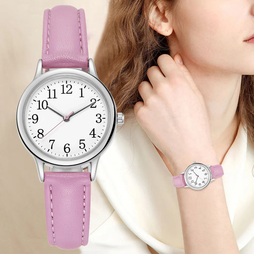 Leisure Fashion Women Quartz Watch Easy to Read Arabic Numerals Simple Dial PU Leather Strap Lady Candy Color Vera Lux