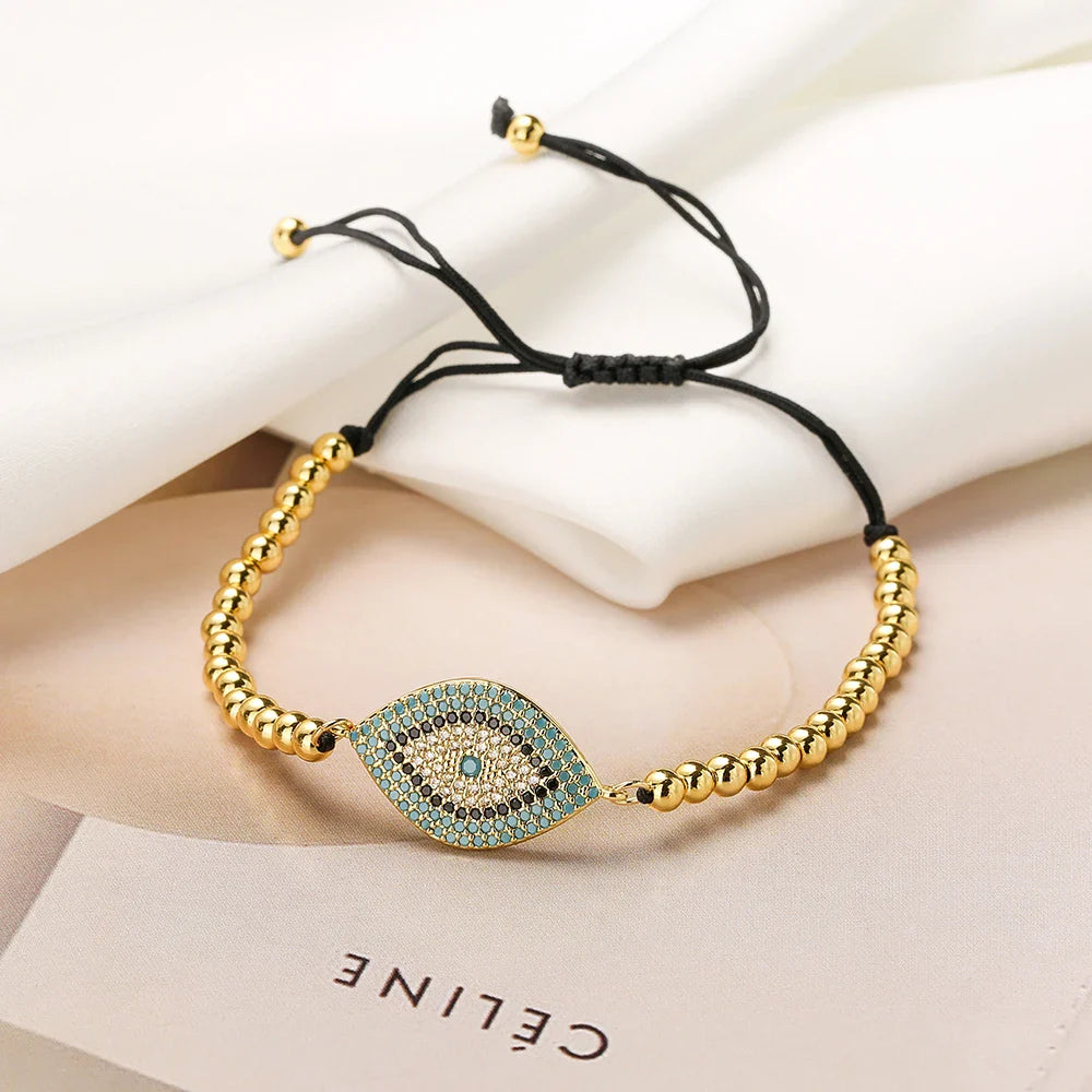 NEWBUY 2023 Fashion Hand Made Black Rope Beads Chain Bracelet Adjustable AAA CZ Zircon Evil Eye Charm Bracelets For Women Girl Vera Lux