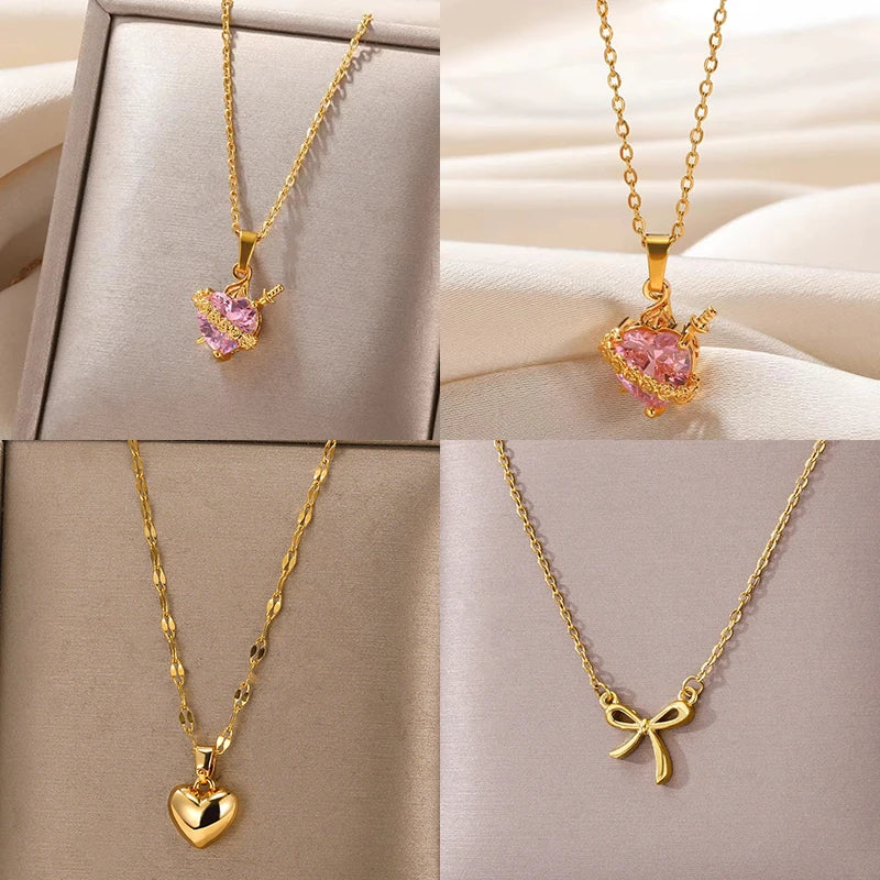 Pink Heart Zircon Necklace Gold Color Stainless Steel Cupid Eros Arrow Heart Pendant Necklace Korean Fashion Jewelry Girls Party Vera Lux
