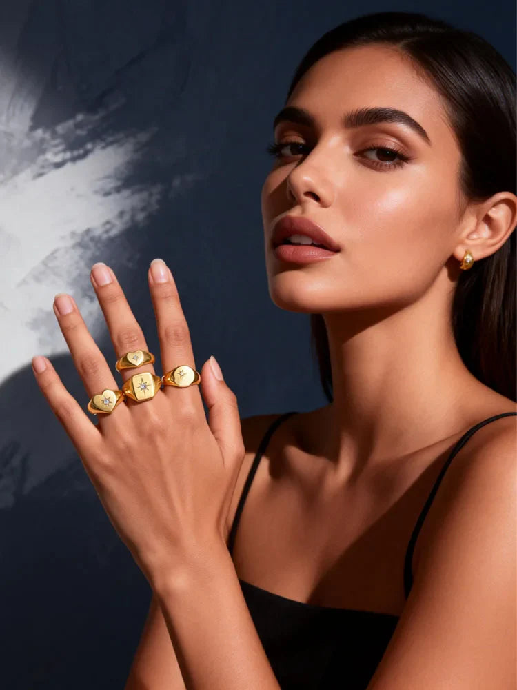 Stainless Steel Sunshine Signet Pinky Ring, Cubic Zirconia Inlay Ring Gold Plated, Non-Tarnish Fashion Jewelry Vera Lux