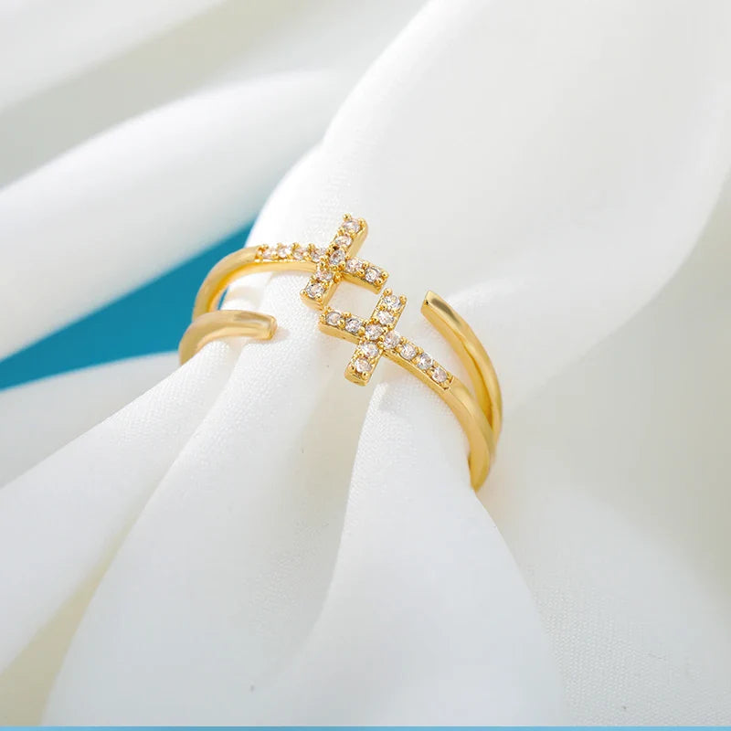 Zircon Double Cross Rings For Woman Stainless Steel Gold Color Shiny Opening Ring New Luxury Fashion Wedding Jewelry Gift Bague Vera Lux