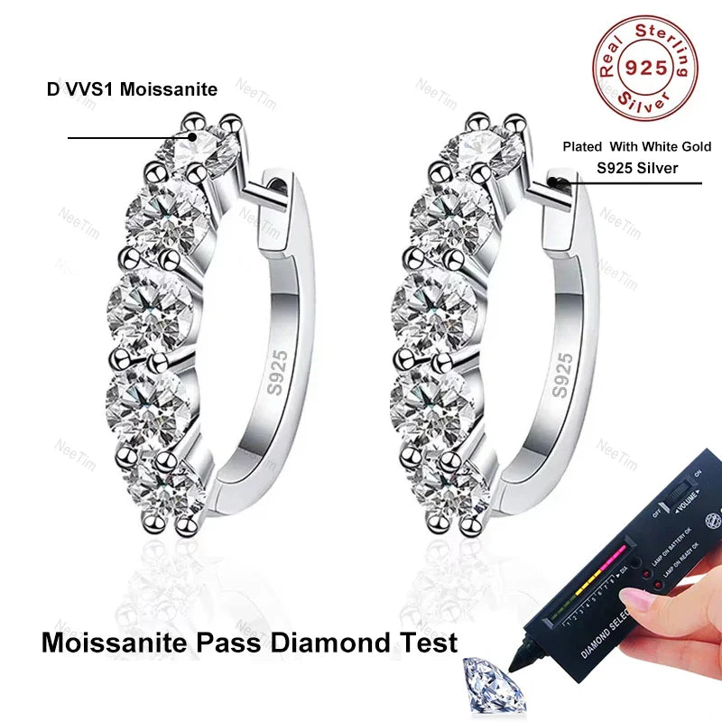 NeeTim 3mm D Color Moissanite Earrings 925 Sterling Silver Plated White Gold Hoop Earring for Women Wedding Party Fine Jewelry Vera Lux