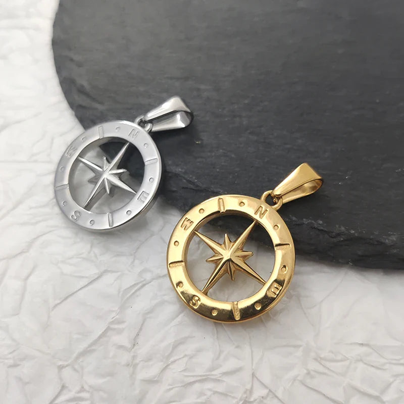 Hip Hop Men 18K Gold Plated Stainless Steel Compass Pendant North Star Charm Necklace Waterproof Jewelry For Men Gift Vera Lux