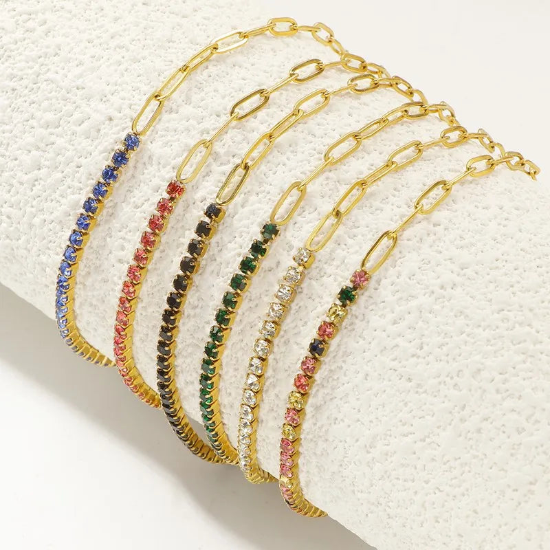 2mm Thin Colorful CZ Stainless Steel Stackable Chain Bracelet for Women Girl Vera Lux