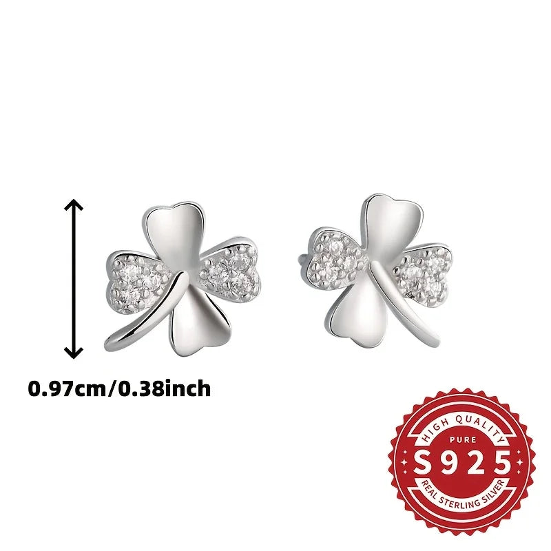 Pair of Women's Shiny Lucky Four-Leaf Petal Earrings 925 Silver Classic Simple Design Elegant Cute Versatile for Daily Wear Gift Vera Lux