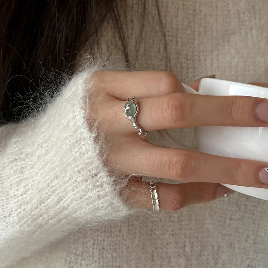 925 Sterling Silver plated Liquid Lava Hetian Jade Bamboo Ring for Women Girl Gift Irregular Vintage Jewelry Vera Lux