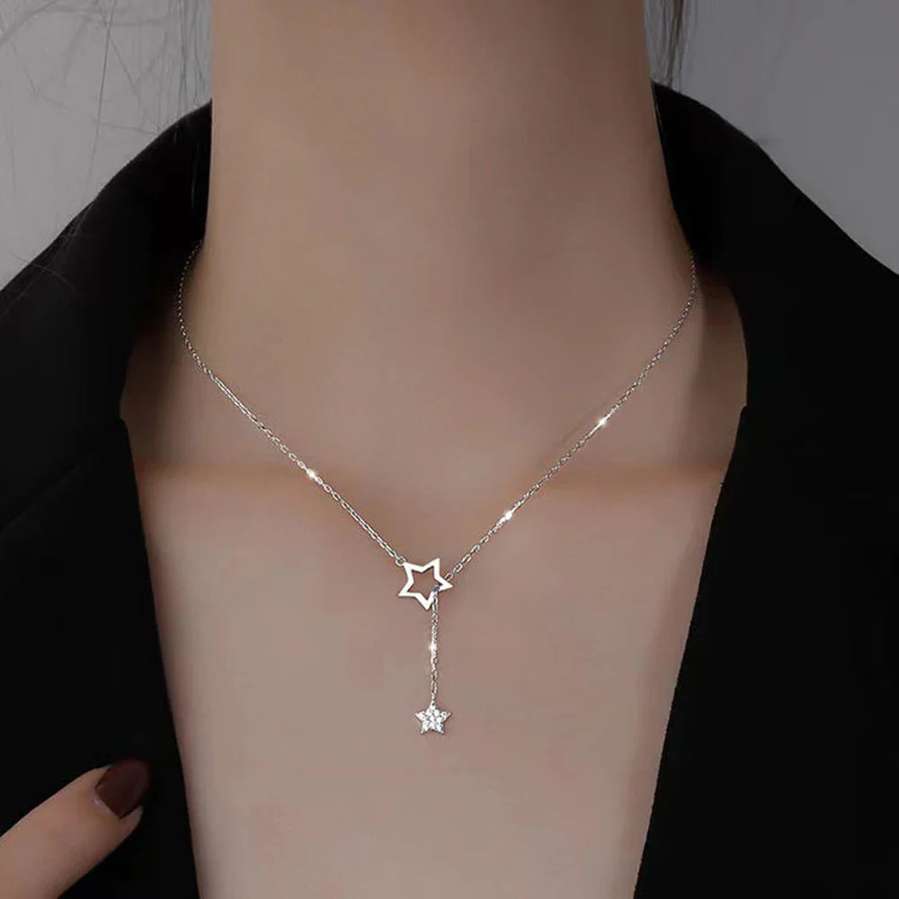 Christmas Gift 925 Sterling Silver Cute Shiny Star Choker Drop Charm Necklaces Charming Woman Wedding Party Birthday Jewelry Vera Lux