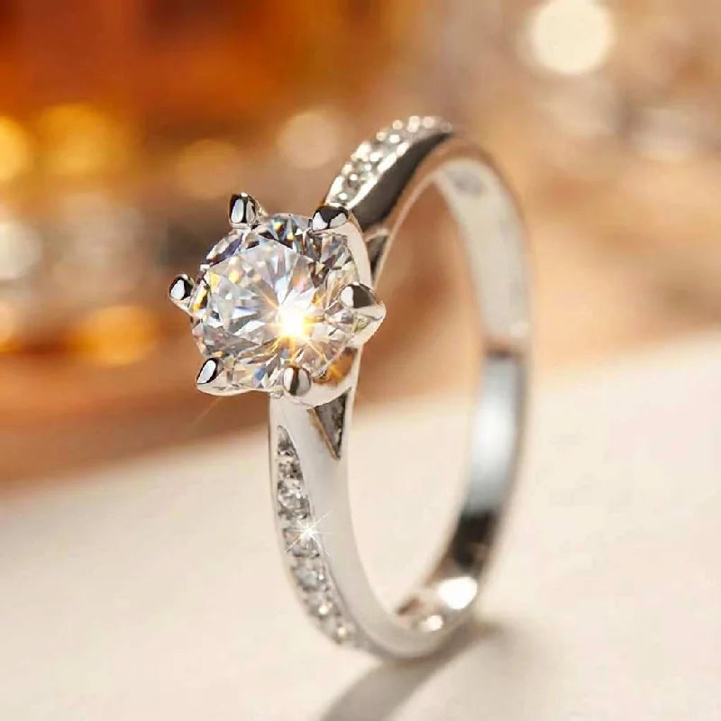 Luxury 925 Sterling Silver Classic Ring for Women Six Claw Jewelry Simple Imitation Diamond Women's Ring Engagement Wedding Gift Vera Lux