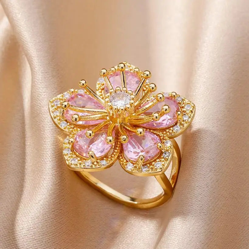 Pink Zircon Flower Rings for Women Gold Color Stainless Steel Ring 2025 Trend Elegant Floral Luxury Aesthetic Jewelry anillos Vera Lux