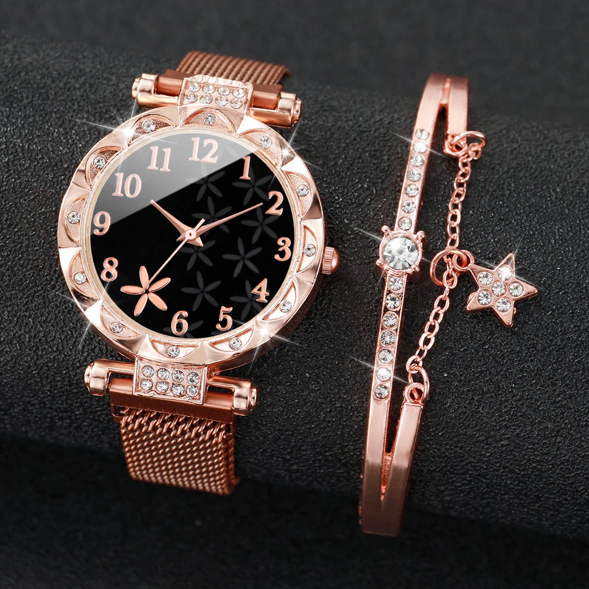2PCS Fashion Women's Watches Set Magnet Buckle Mesh Strap Analog Quartz Watch Star Bracelet Set Reloj Mujer Vera Lux