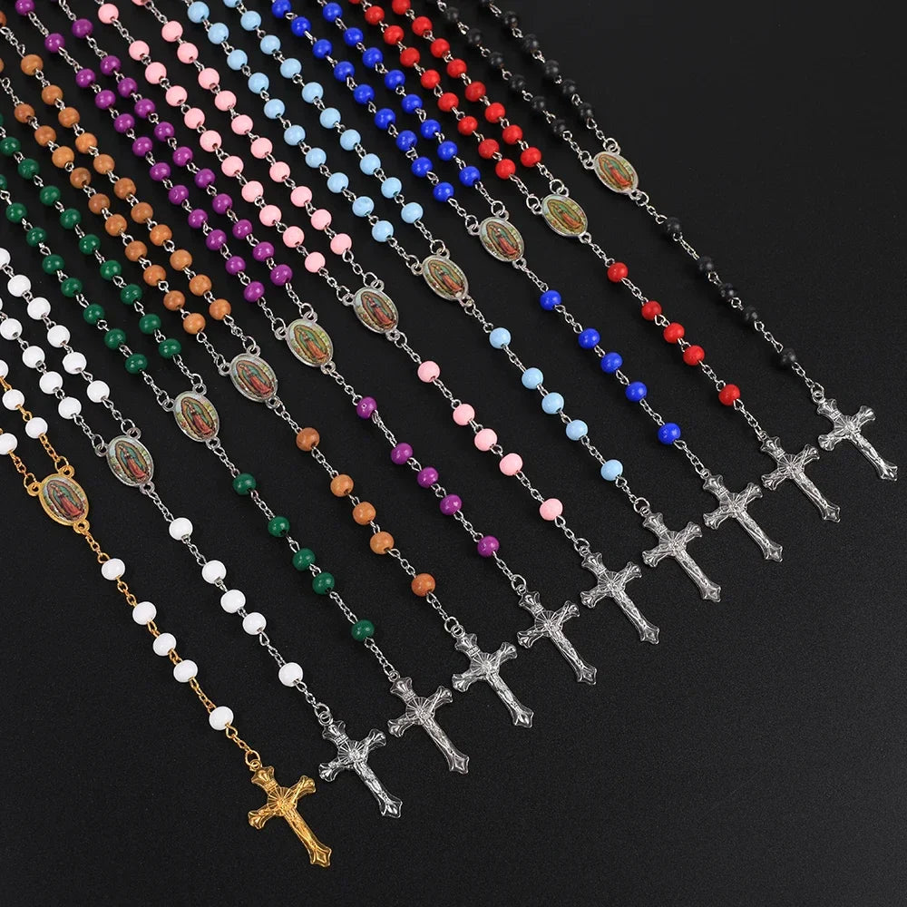 Wood Rosary Necklace For Women 6MM Wooden Prayer Beads Long Chain Religious Virgin Mary Cross Pendant Men Party Jewelry Gift Vera Lux