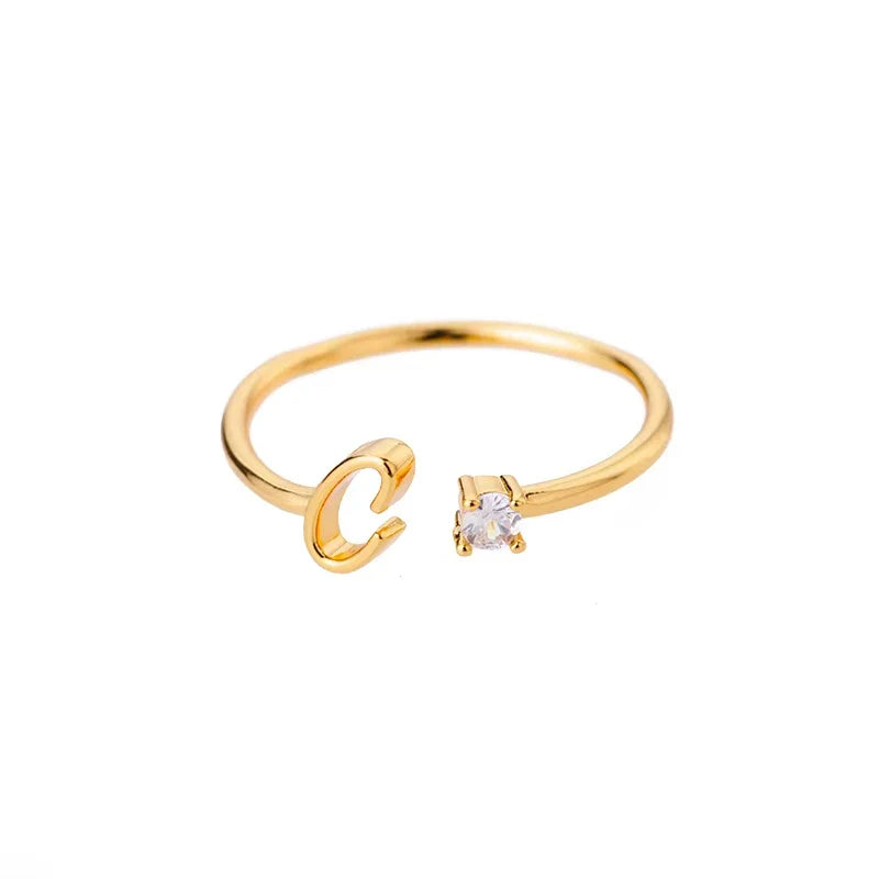 A-Z Initial Letter Open Rings for Women Stainless Steel Gold Color Zircon Adjustable Ring Trendy Couple Wedding Jewelry Gift Vera Lux