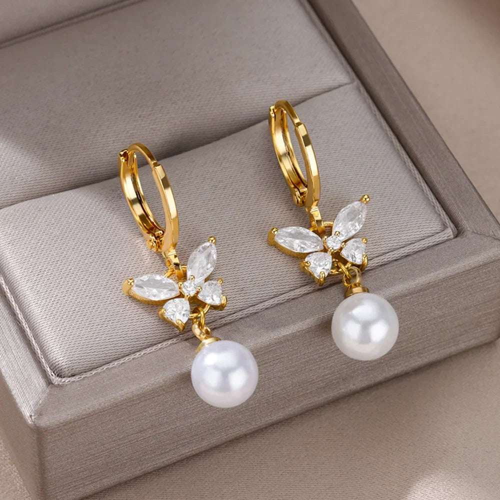 Butterfly Zircon Stainless Steel Pearl Earrings For Women Gold Plated Piercing Earring Aesthetic Luxury Jewelry Gift 2023 New Vera Lux