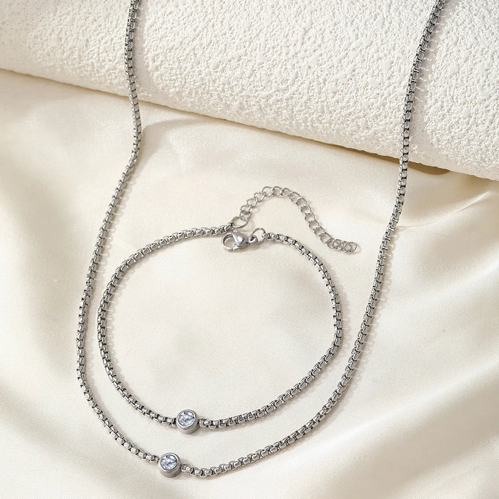 Boho Bead Chain Zircon Bracelet and Necklace Set, Waterproof Stainless Steel Women's Jewelry, Wife Girlfriend Gift Vera Lux