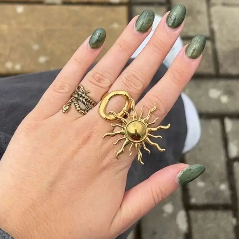 Exaggerated Sun Rings For Women Gold Color Stainless Steel Sun Adjustable Ring Fashion Anniversary Party Lucky Jewelry Gift Vera Lux