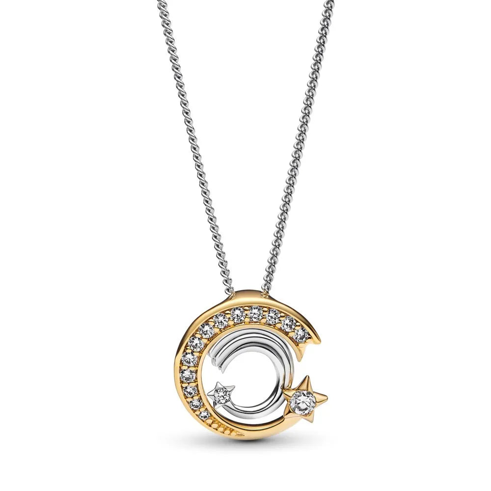 925 Sterling Silver Golden Moon Star Bow Necklace Fit Original Bracelet For Women DIY Fashion Jewelry Making Vera Lux