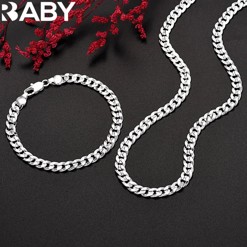 Hot high quality 925 Sterling silver charm 7MM Chain bracelets neckalces jewelry set for man women fashion Party wedding gifts Vera Lux