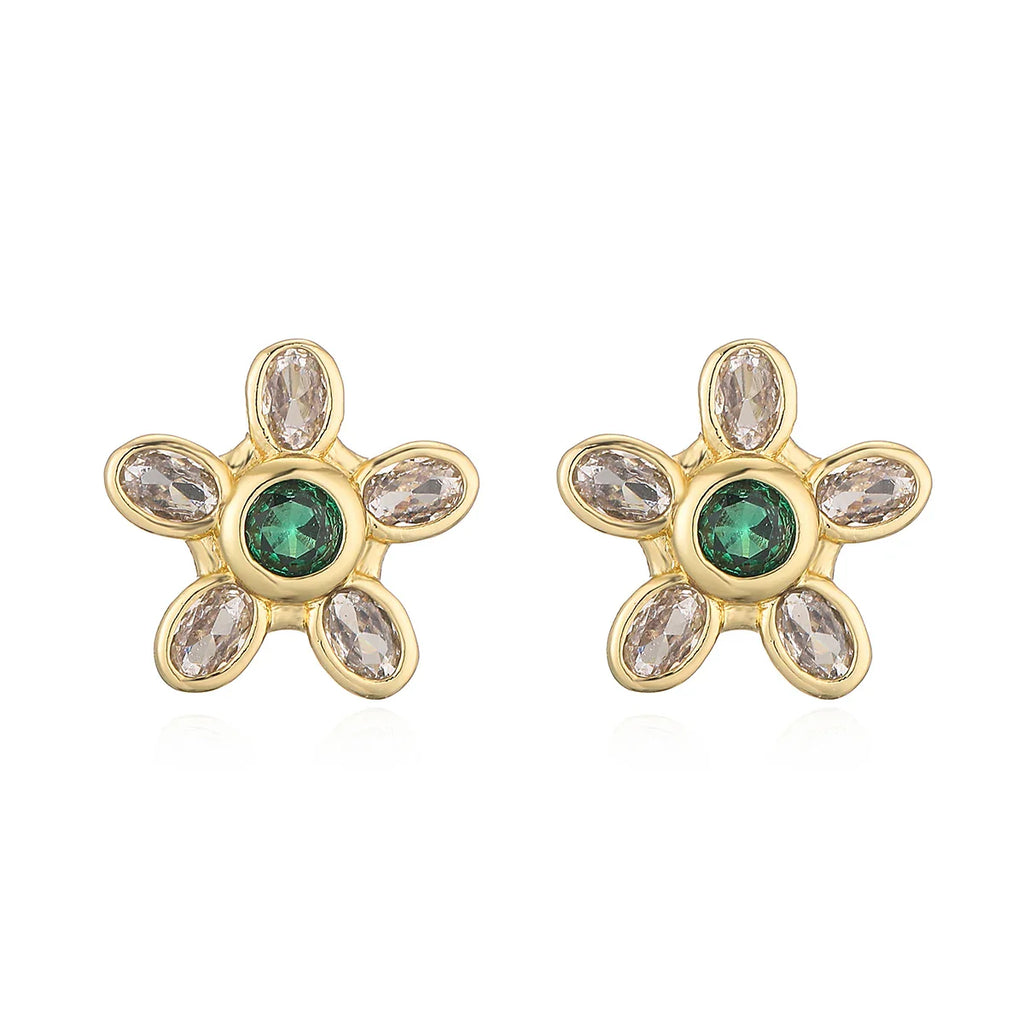 NEWBUY Delicate Gold Color Cute Flower Stud Earrings For Women Pink Green White CZ Crystal Jewelry Femme Bijoux Vera Lux