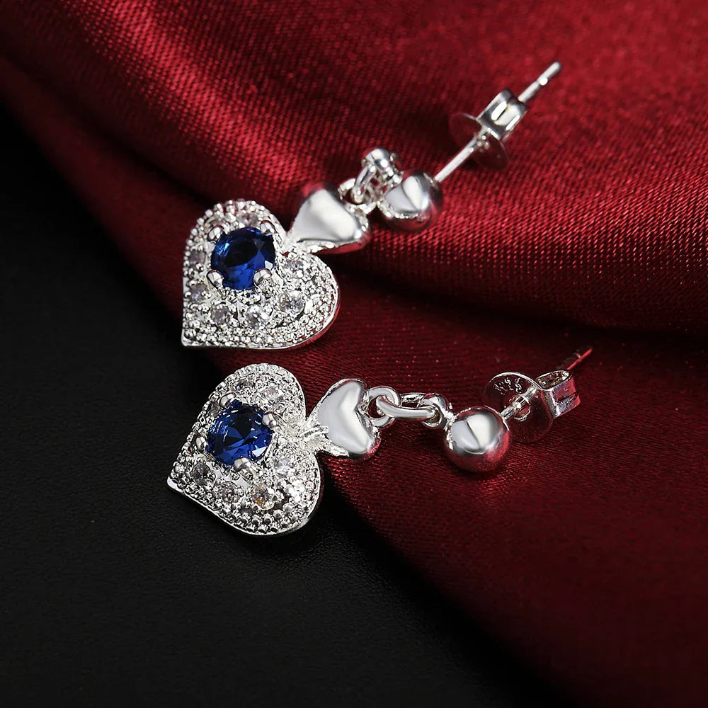 Hot Noble blue crystal heart 925 sterling Silver pendant necklace earring Jewelry sets for Woman classic fashion party fine gift Vera Lux