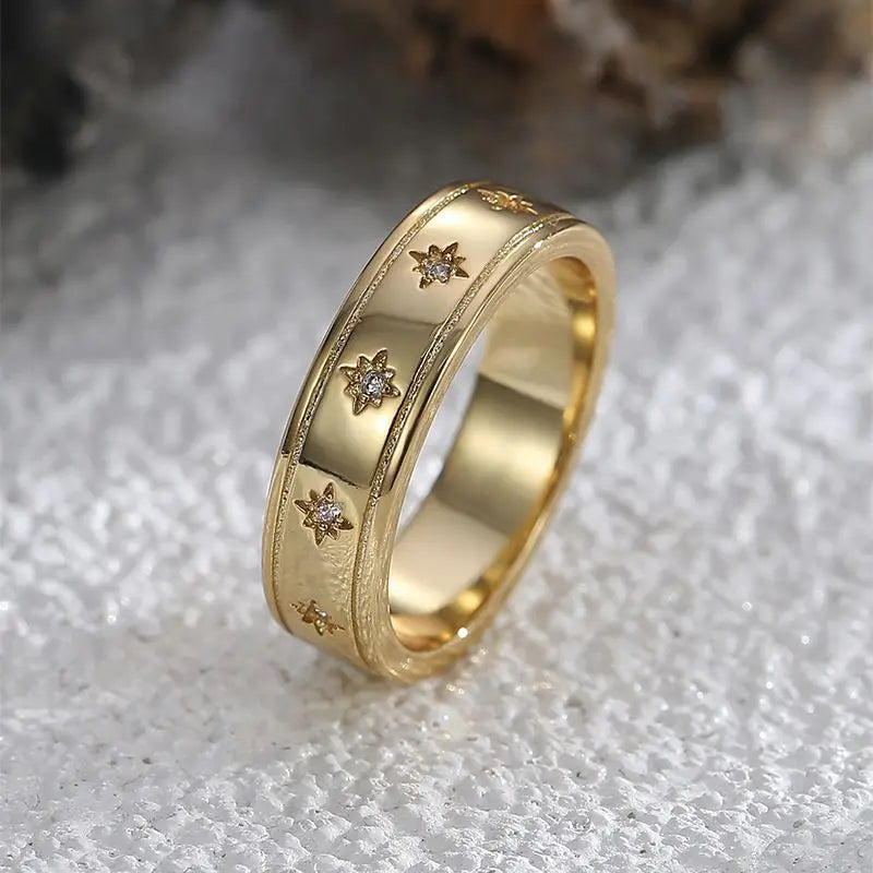 925 Sterling Silve Star Chunky Ring For Women Vintage Trendy Gold Color Zirconia Finger Rings Punk Accessories Jewelry Gift Vera Lux