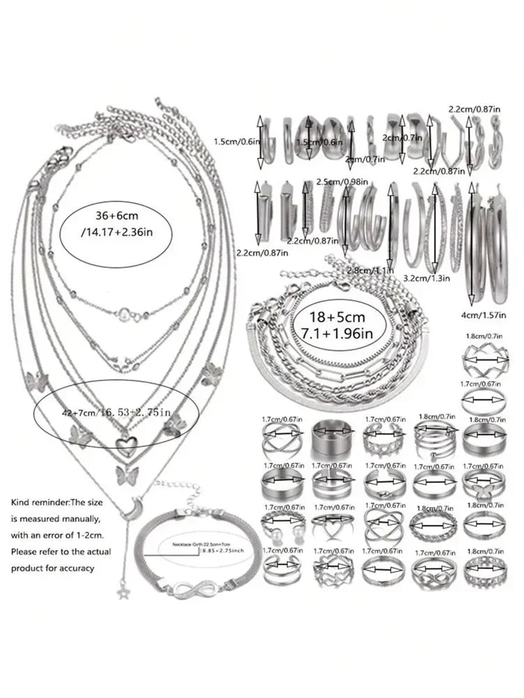 New 57 Pcs/Set Fashion Jewelry Sets For Women Metal Wide Face Earrings Necklaces Bracelets Ankles Rings Combinations Set Jewelry Vera Lux
