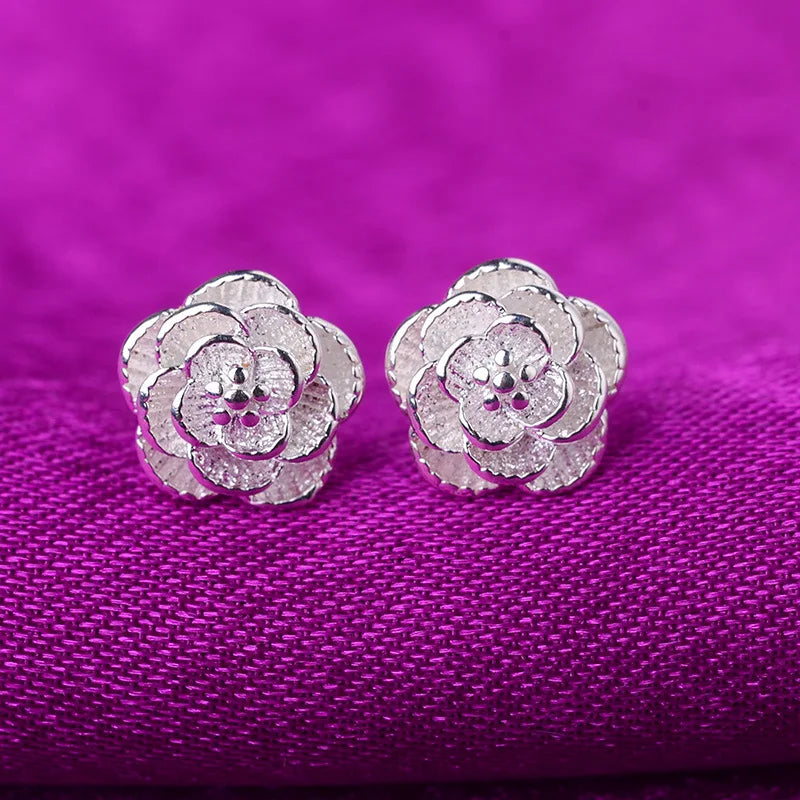 Hot 925 Sterling Silver Pretty rose Flower stud Earrings for Women Fashion classic party wedding Jewelry Holiday gifts Vera Lux