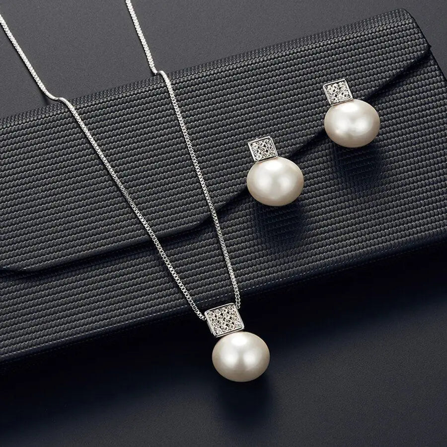 2 PCS Imitation Pearl Pendant Women Necklace Earring Stud Set Silver Color Snake Chain Square Metal Full Crystal Jewelry Set Vera Lux