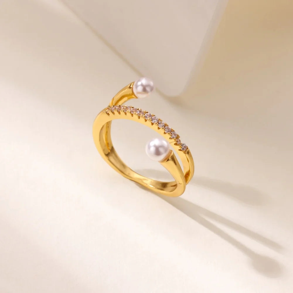 Layered Zircon Imitation Pearl Ring For Women Stainless Steel Gold Color Ring 2025 New Trend Fashion Wedding Couple Jewelry Gift Vera Lux