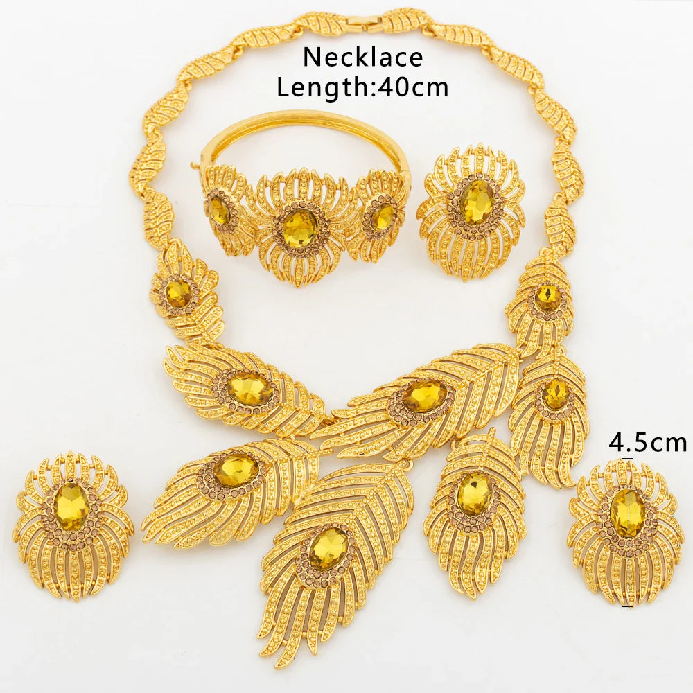 Italy Gold Color Jewelry Set Dubai Women Angel Feather Zircon Necklace Earrings Exaggerate Design Pendant Large Jewelry Bangle Vera Lux