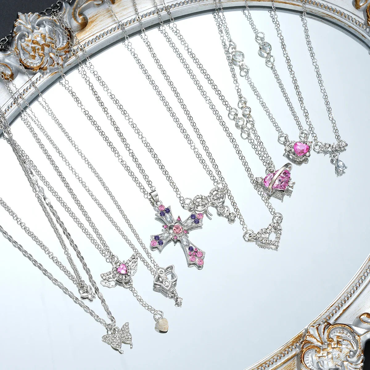 9 Pcs Women's Elegant Zircon Pendants Necklace Set Fashion Pink Color Cross Butterfly Heart Bowknot Necklaces Party Jewelry Gift Vera Lux
