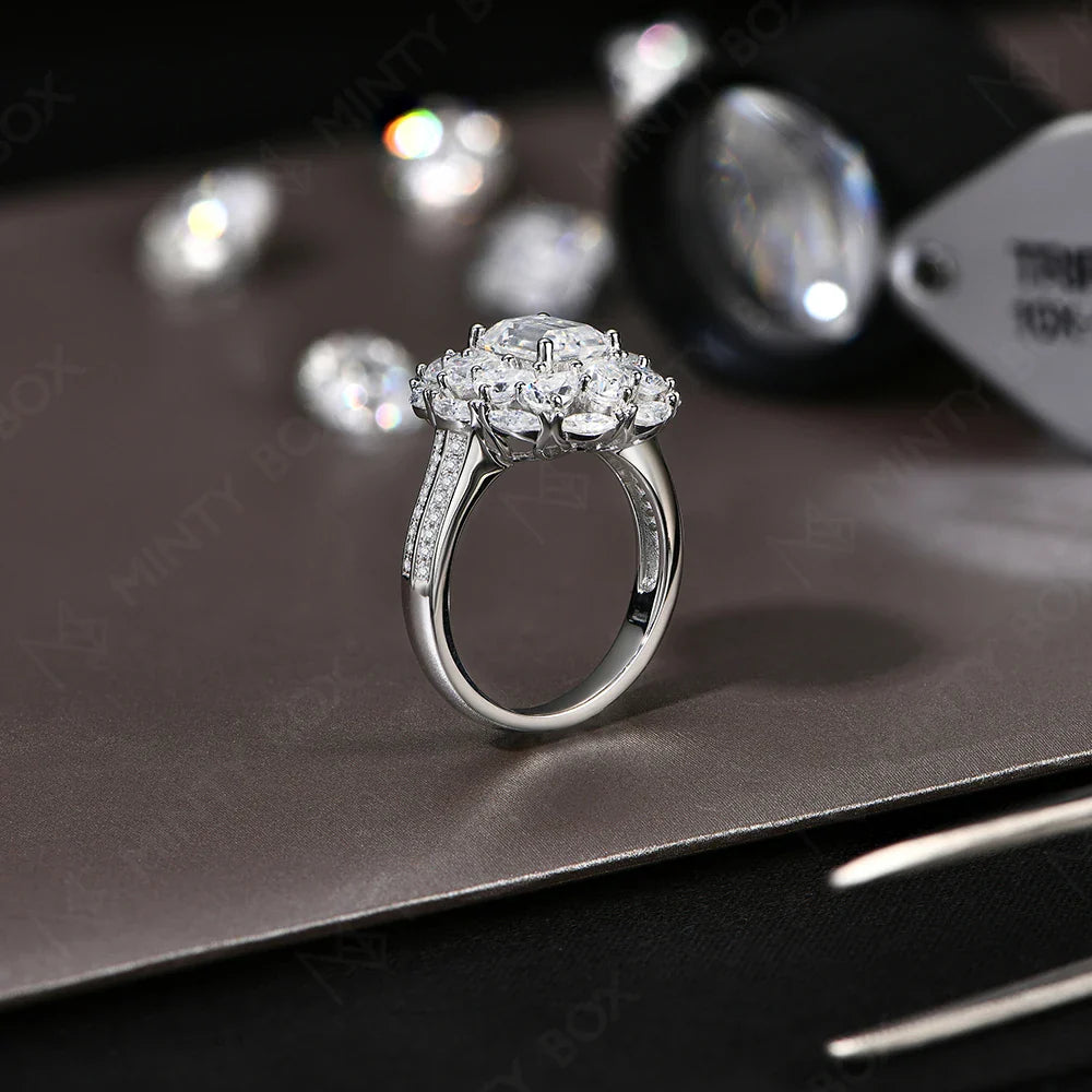 MINTYBOX 2.0ct Flower Design Halo Emerald Cut Engagement Ring Lab Diamond S925 Silver Moissanite Rings For Women 18K Gold Plated Vera Lux