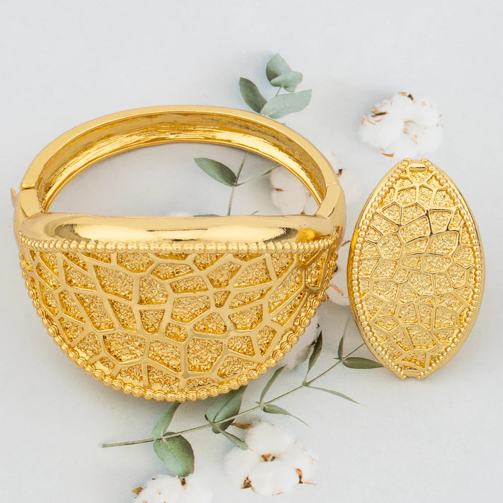 Large Hoop Bangle for Women Flower Italian Dubai Gold Color Bracelet Ring Jewelry Set Luxury Copper Fashion Birthday Party Gift Vera Lux