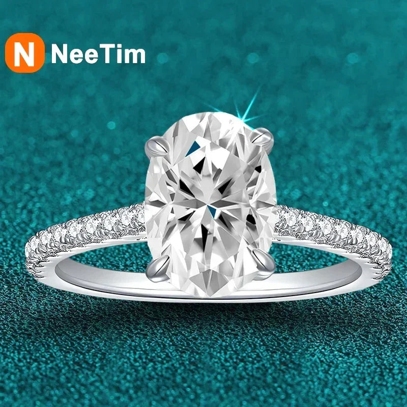 NeeTim 3ct Oval Cut Moissanite Lab Diamond Rings for Women 925 Sterling Silver Proposal Ring Wedding Engagement Band Jewelry Vera Lux