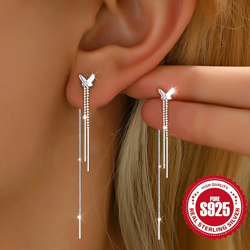 Pair of S925 Silver Butterfly Tassel Earrings for Ladies Low Allergy Sweet Girl Versatile Daily Accessory Perfect Gift for Women Vera Lux