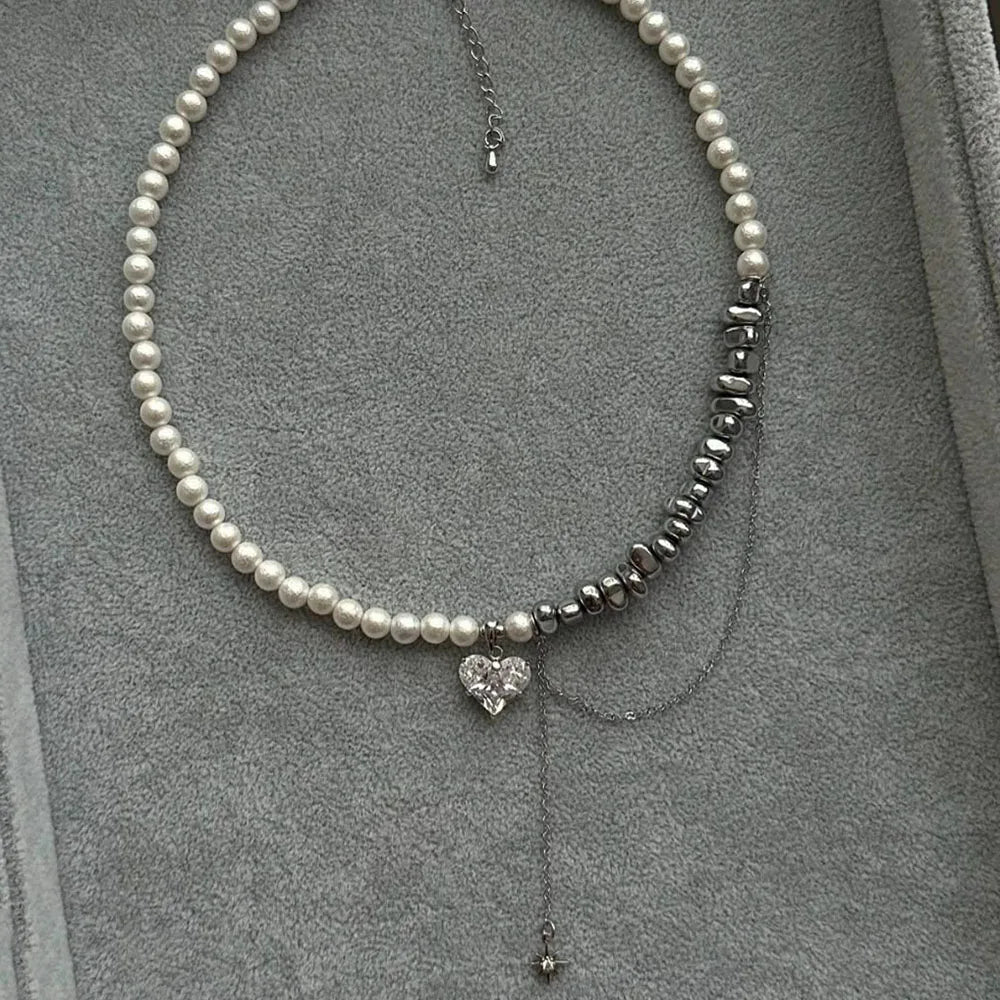 New Irregular Choker Vintage Tassels Zircon Heart Pendant Necklace For Women Female White Imitation Pearl Chain Valentine's Gift Vera Lux