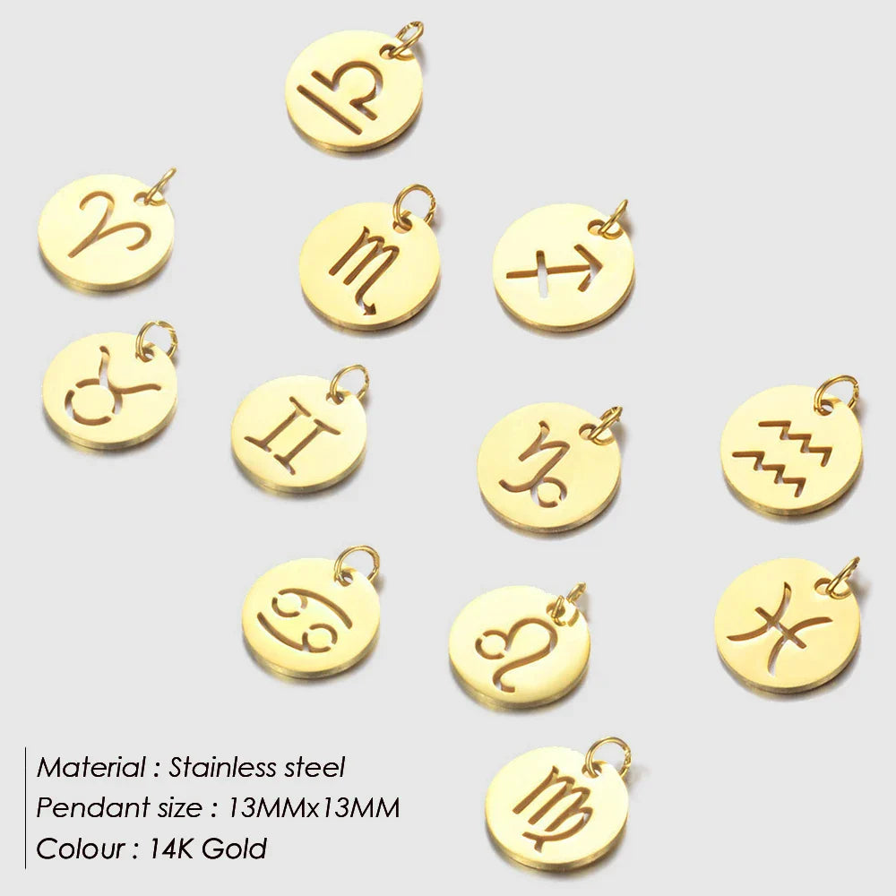 SUNIBI DIY Stainless Steel Disc Components 12 Zodiac Charms for Handmade Jewelry Making Designer Gold Plated Charms for Bracelet Vera Lux