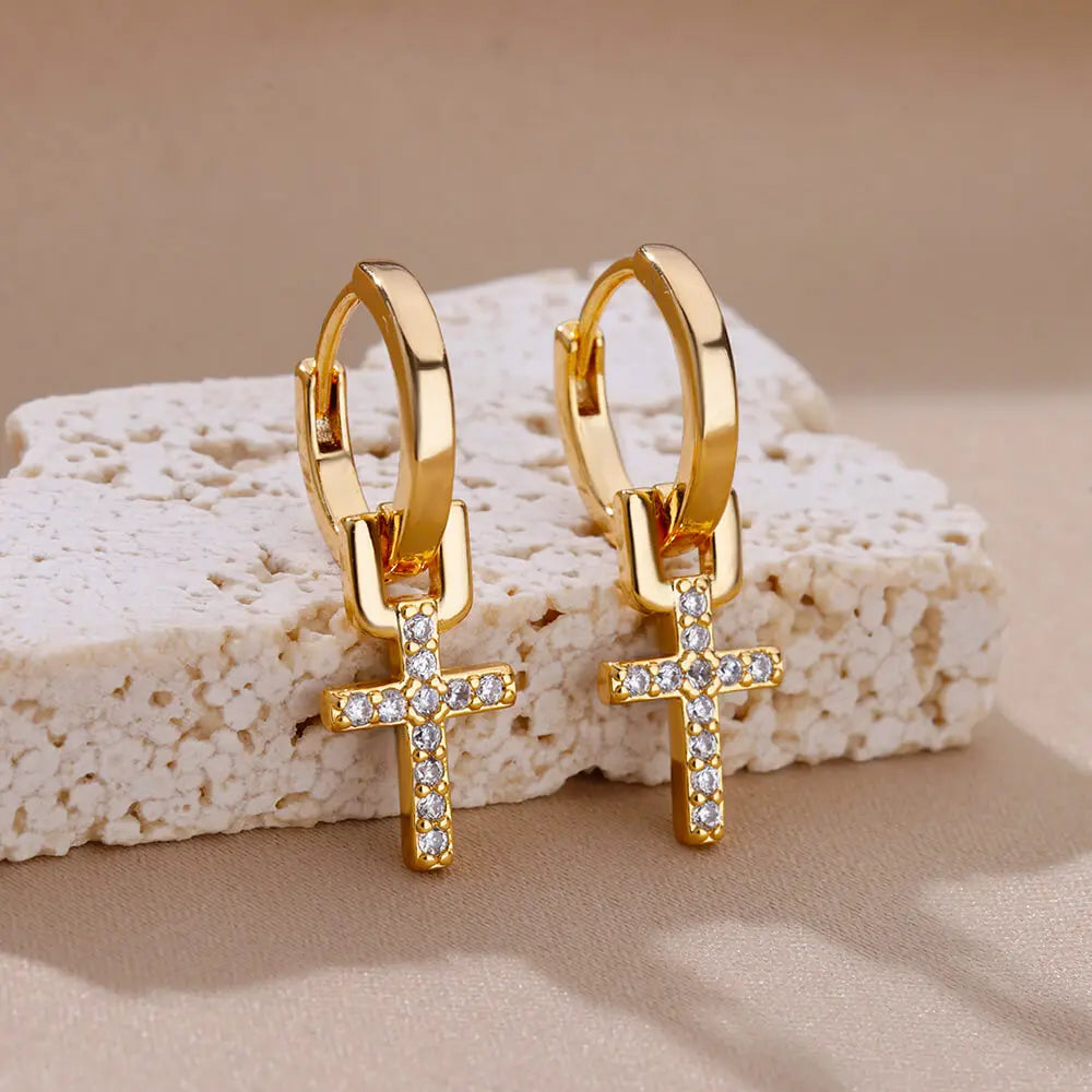 Zircon Cross Dangle Earrings For Women Girls Stainless Steel Cross Earring 2023 Trending Couple Wedding Aesthetic Jewelry aretes Vera Lux
