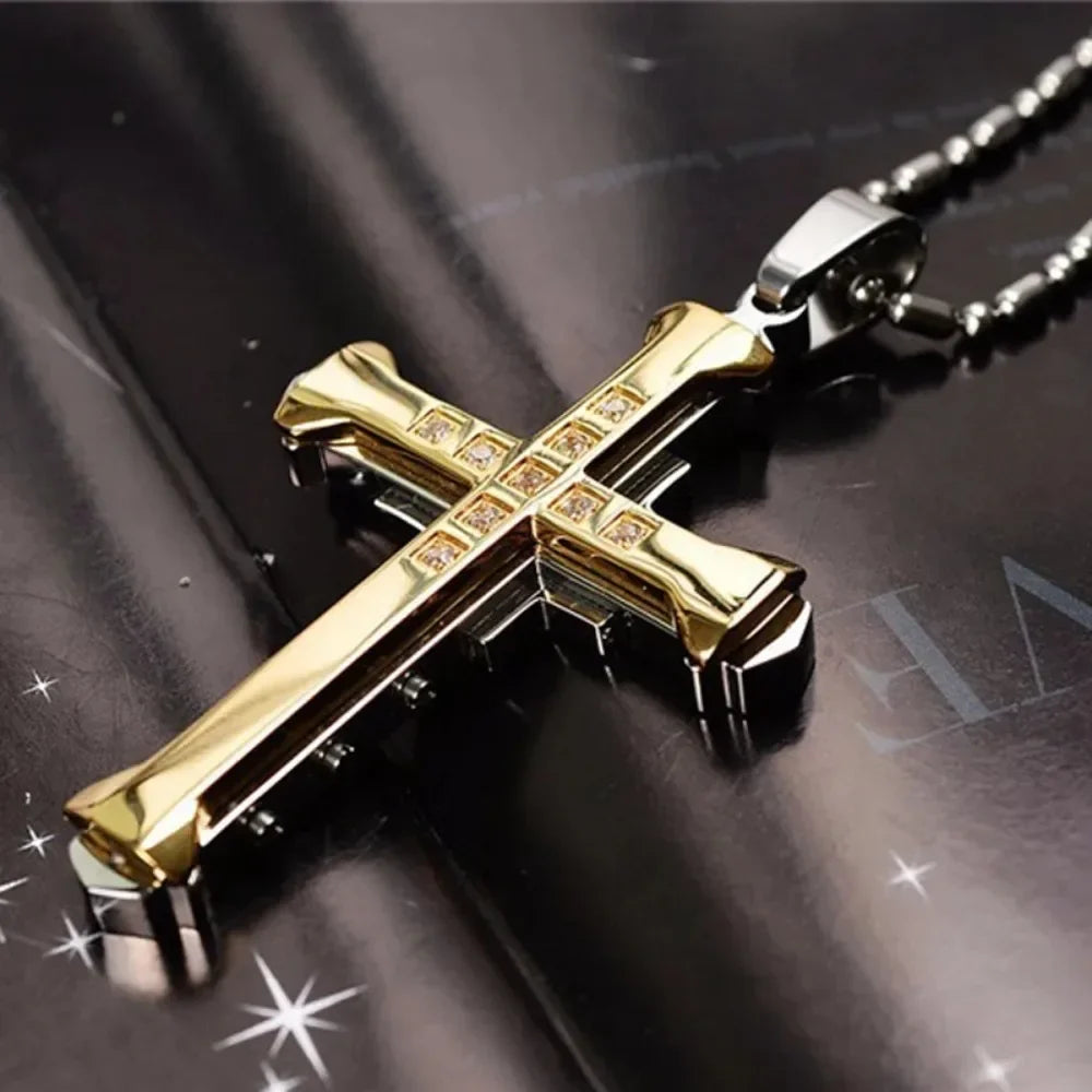 Men's Crystal Cross Pendant Necklace, Gold/Black/Blue Zirconia, Stainless Steel Jesus Cross Jewelry Vera Lux
