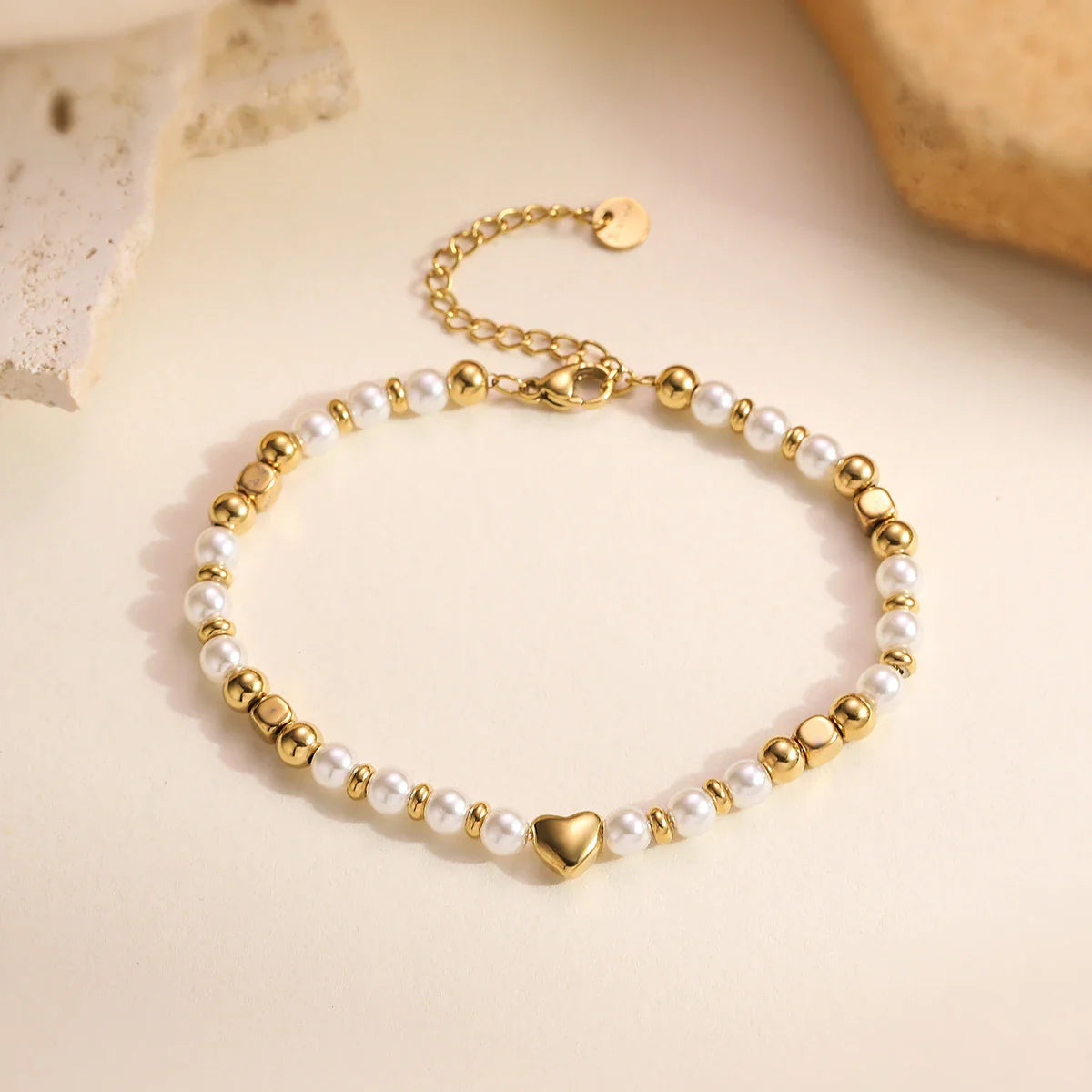 NEWBUY 2025 Trendy Gold Color Non-Fading Stainless Steel Beads Pearl Heart Bracelet For Women Daily Jewelry Accessories Vera Lux