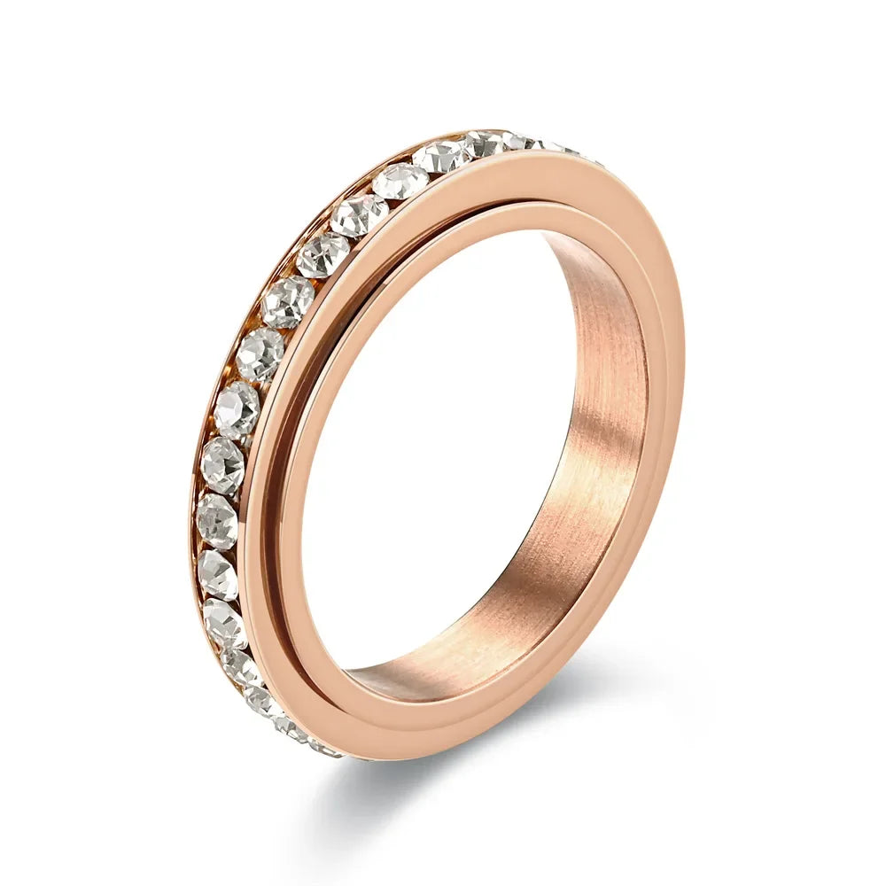 4MM Stainless Steel Spinner Finger Rings For Women Crystal Rotatable Wedding Ring Men Fashion Anniversary Party Jewelry Vera Lux